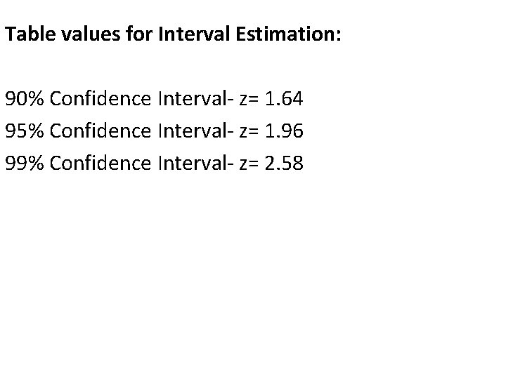 Table values for Interval Estimation: 90% Confidence Interval- z= 1. 64 95% Confidence Interval-