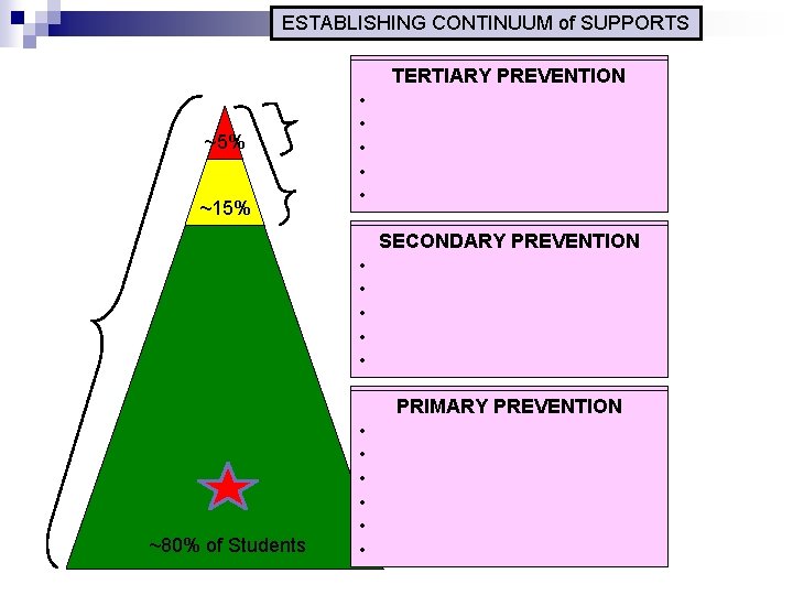 ESTABLISHING CONTINUUM of SUPPORTS ~5% ~15% TERTIARY PREVENTION • Function-based support • Wraparound •