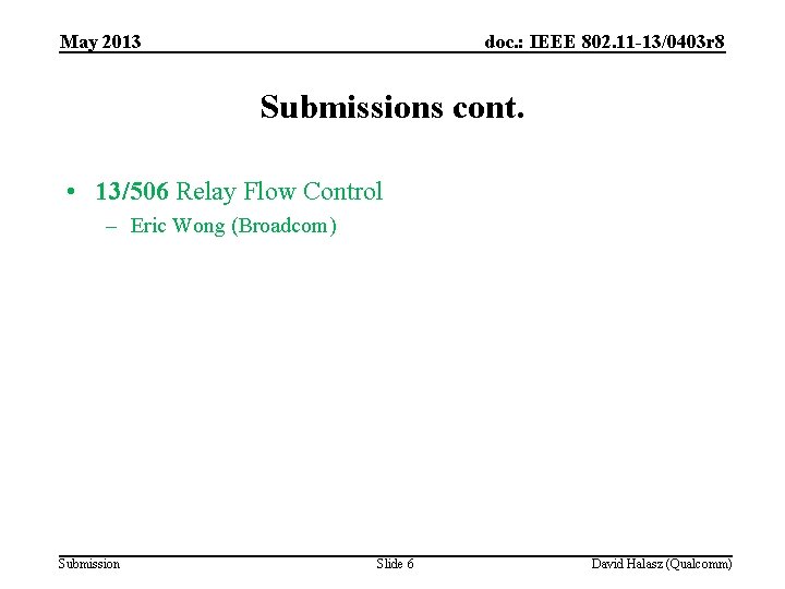 May 2013 doc. : IEEE 802. 11 -13/0403 r 8 Submissions cont. • 13/506