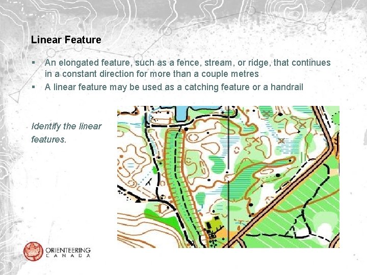 Linear Feature § § An elongated feature, such as a fence, stream, or ridge,