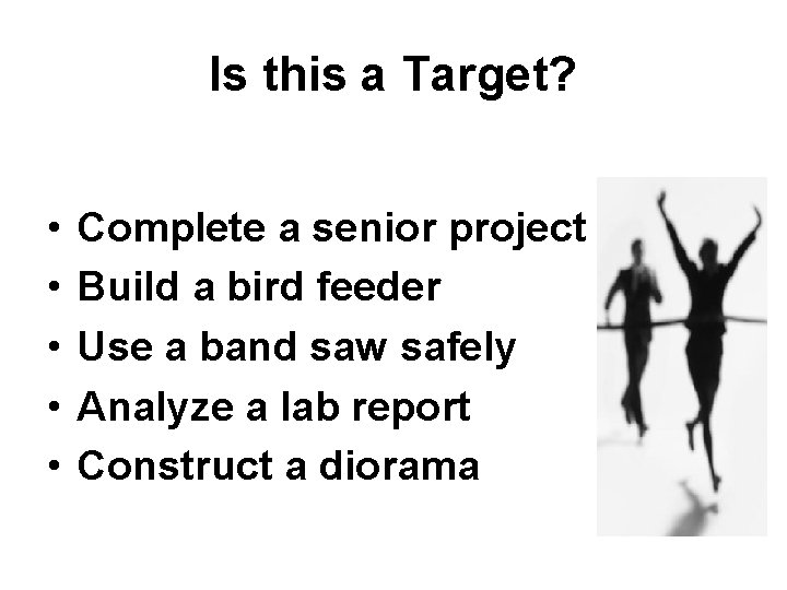 Is this a Target? • • • Complete a senior project Build a bird