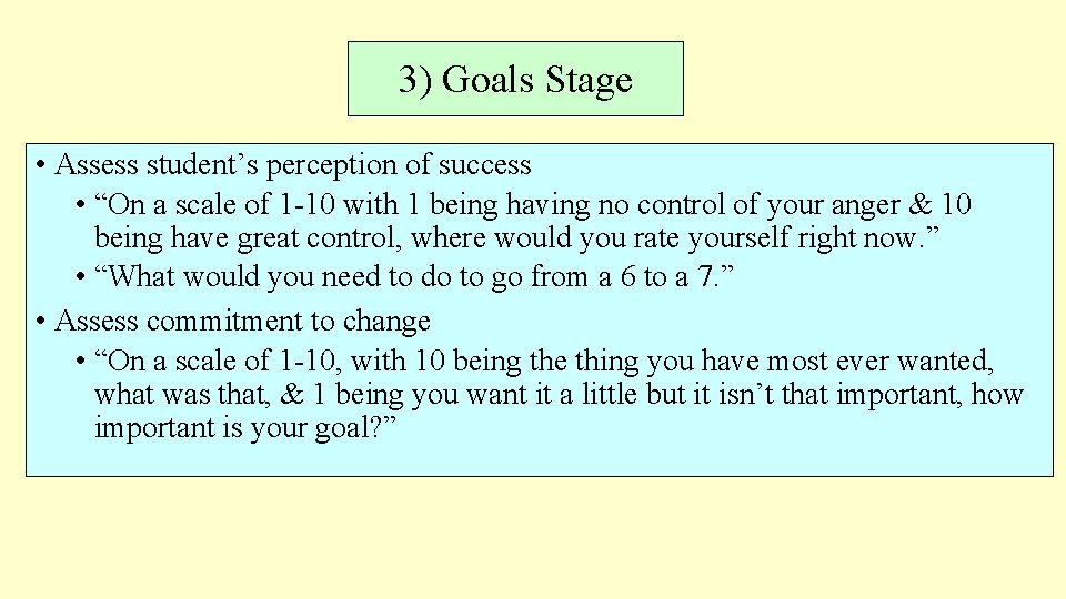 3) Goals Stage • Assess student’s perception of success • “On a scale of