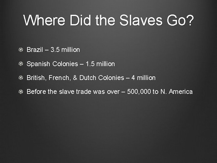 Where Did the Slaves Go? Brazil – 3. 5 million Spanish Colonies – 1.