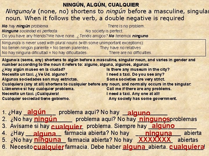 NINGÚN, ALGÚN, CUALQUIER Ninguno/a (none, no) shortens to ningún before a masculine, singular noun.