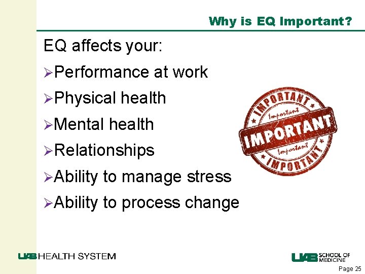 Why is EQ Important? EQ affects your: ØPerformance ØPhysical ØMental at work health ØRelationships