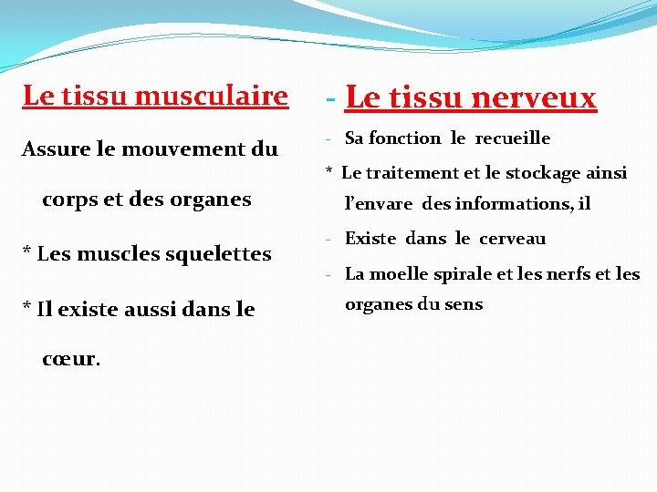 Le tissu musculaire - Le tissu nerveux Assure le mouvement du - Sa fonction