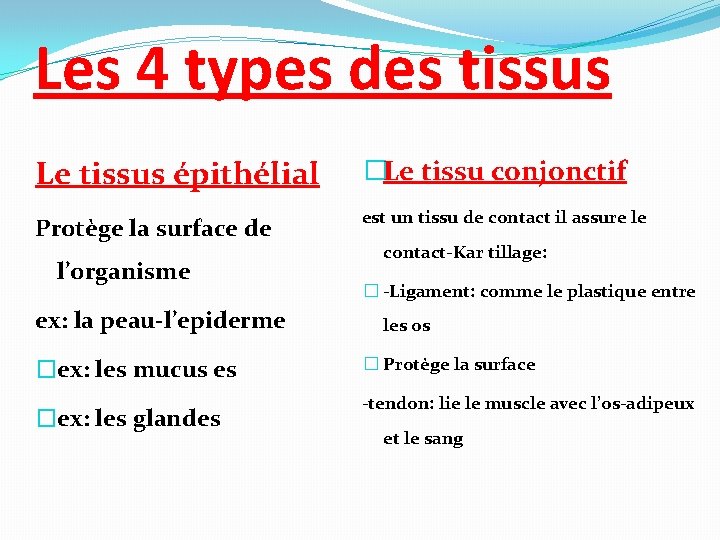 Les 4 types des tissus Le tissus épithélial �Le tissu conjonctif Protège la surface