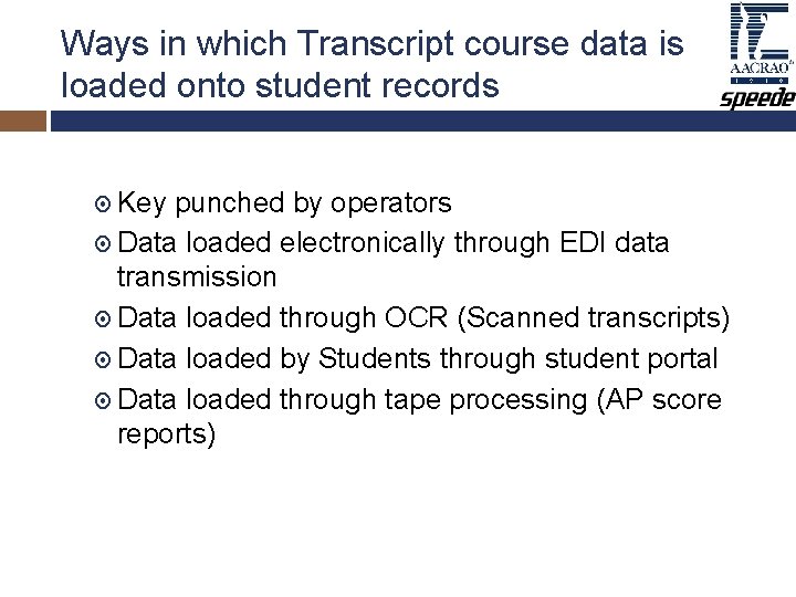 Ways in which Transcript course data is loaded onto student records Key punched by Ways in which Transcript course data is loaded onto student records Key punched by