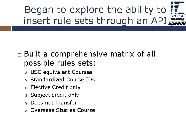 Began to explore the ability to insert rule sets through an API Built a Began to explore the ability to insert rule sets through an API Built a