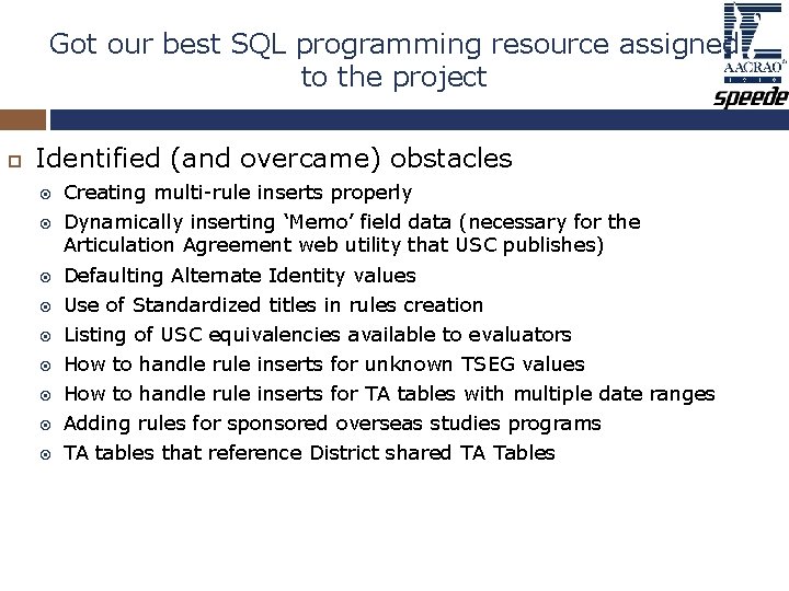 Got our best SQL programming resource assigned to the project Identified (and overcame) obstacles Got our best SQL programming resource assigned to the project Identified (and overcame) obstacles