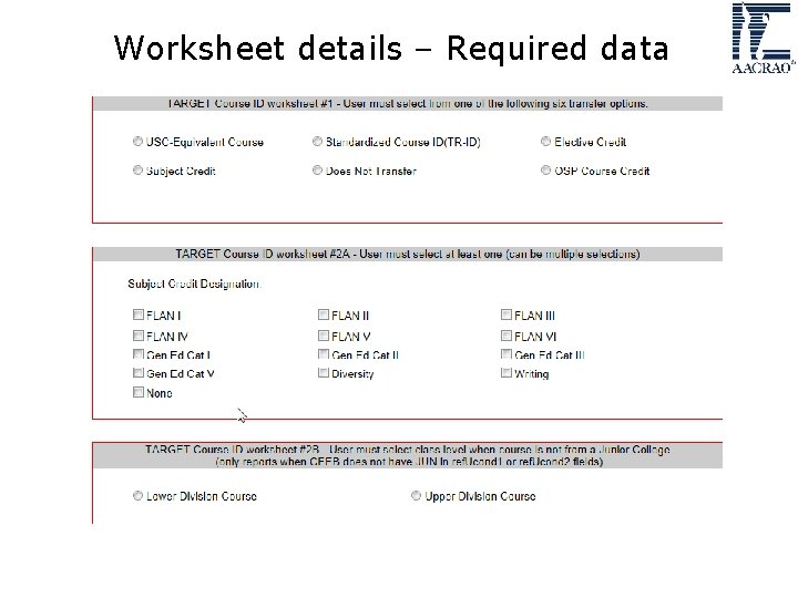 Worksheet details – Required data Worksheet details – Required data