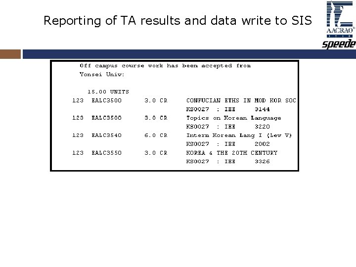 Reporting of TA results and data write to SIS Reporting of TA results and data write to SIS