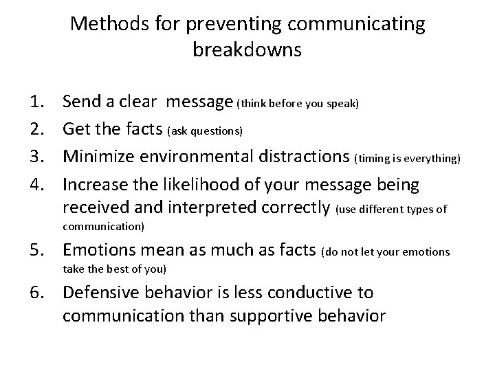 Methods for preventing communicating breakdowns 1. 2. 3. 4. Send a clear message (think