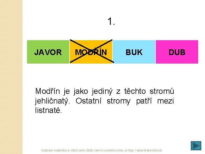 1. JAVOR MODŘÍN BUK DUB Modřín je jako jediný z těchto stromů jehličnatý. Ostatní