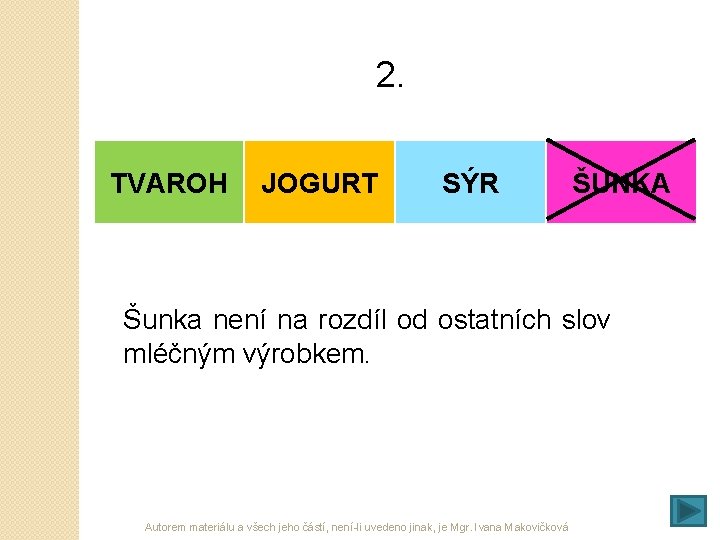 2. TVAROH JOGURT SÝR ŠUNKA Šunka není na rozdíl od ostatních slov mléčným výrobkem.