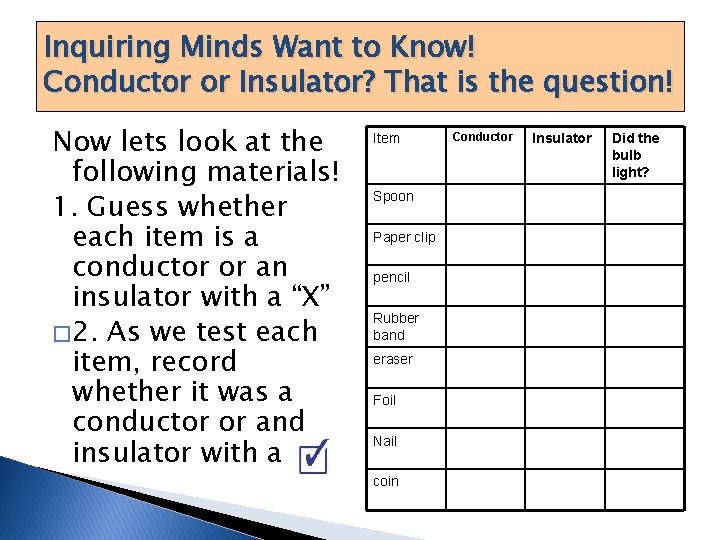 Inquiring Minds Want to Know! Conductor or Insulator? That is the question! Now lets Inquiring Minds Want to Know! Conductor or Insulator? That is the question! Now lets
