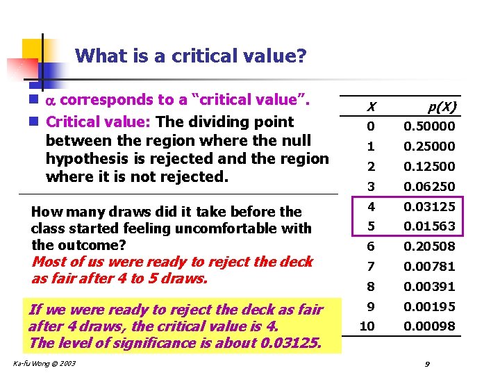 What is a critical value? n corresponds to a “critical value”. n Critical value: