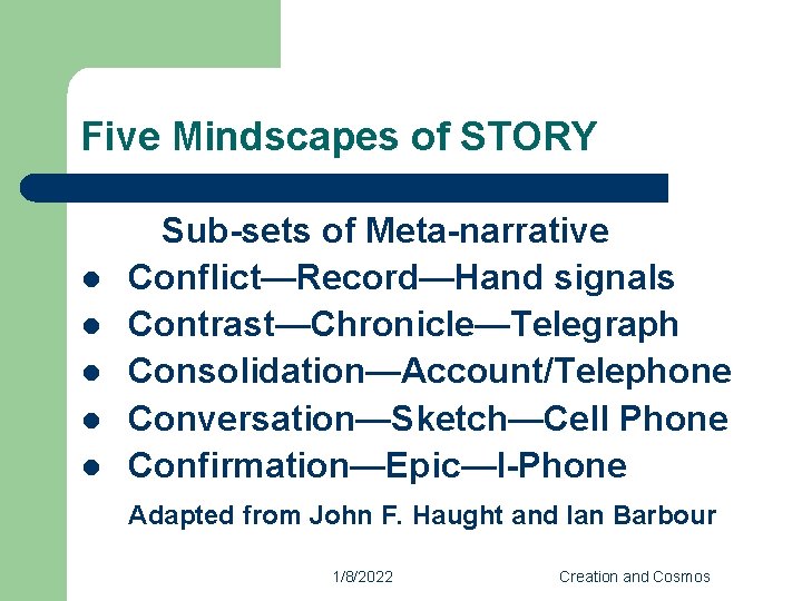 Five Mindscapes of STORY l l l Sub-sets of Meta-narrative Conflict—Record—Hand signals Contrast—Chronicle—Telegraph Consolidation—Account/Telephone