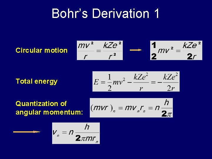 Bohr’s Derivation 1 Circular motion Total energy Quantization of angular momentum: 