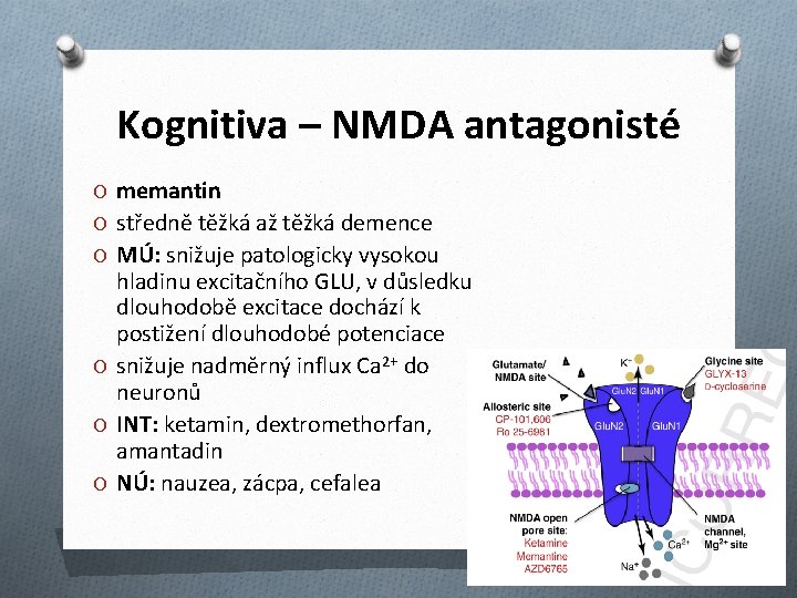 Kognitiva – NMDA antagonisté O memantin O středně těžká až těžká demence O MÚ: