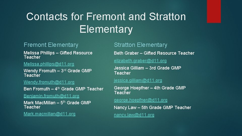 Contacts for Fremont and Stratton Elementary Fremont Elementary Stratton Elementary Melissa Phillips – Gifted