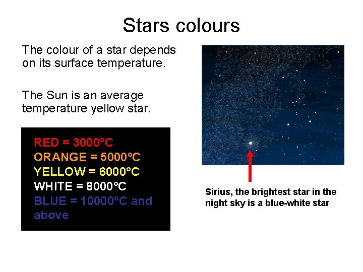 Stars colours The colour of a star depends on its surface temperature. The Sun