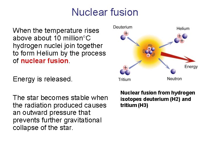 Nuclear fusion When the temperature rises above about 10 million°C hydrogen nuclei join together
