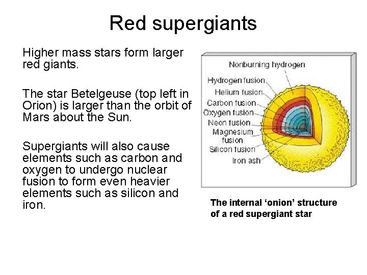 Red supergiants Higher mass stars form larger red giants. The star Betelgeuse (top left