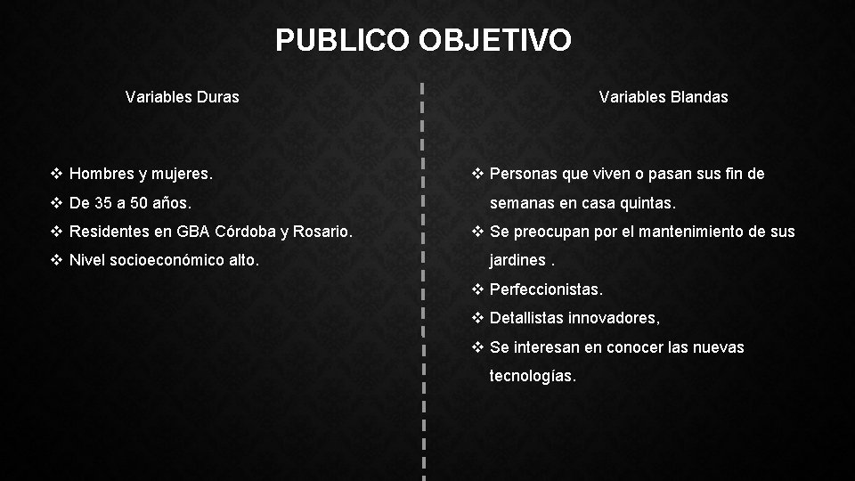 PUBLICO OBJETIVO Variables Duras v Hombres y mujeres. v De 35 a 50 años.