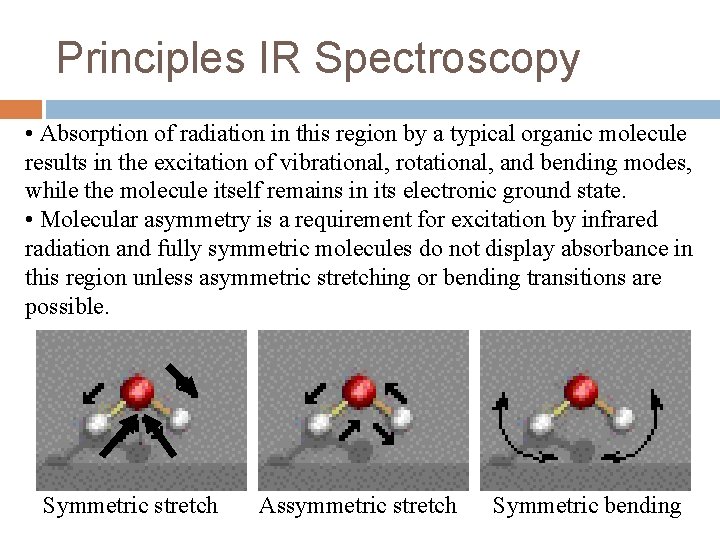 Principles IR Spectroscopy • Absorption of radiation in this region by a typical organic