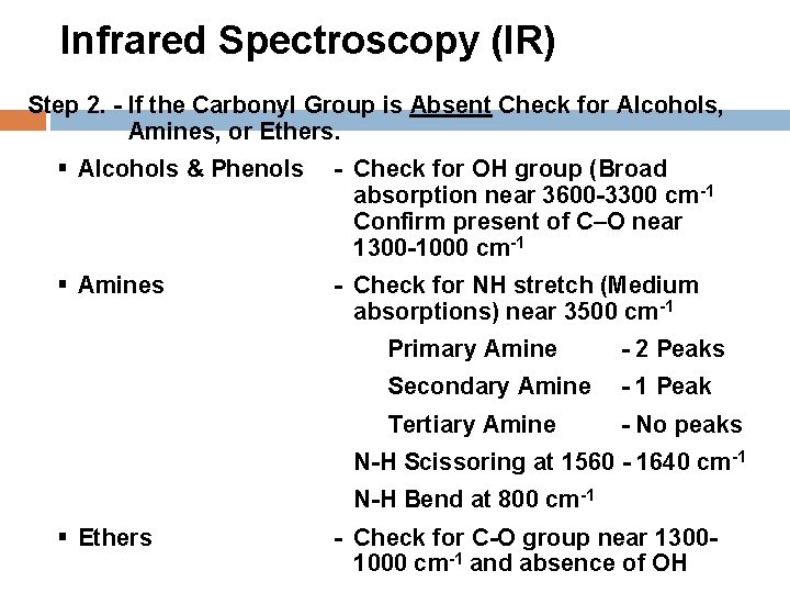 Infrared Spectroscopy (IR) Step 2. - If the Carbonyl Group is Absent Check for