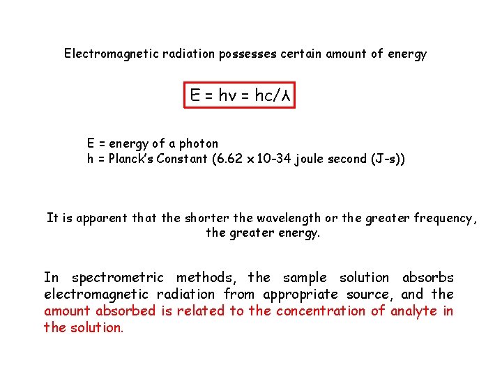 Electromagnetic radiation possesses certain amount of energy E = hν = hc/λ E =