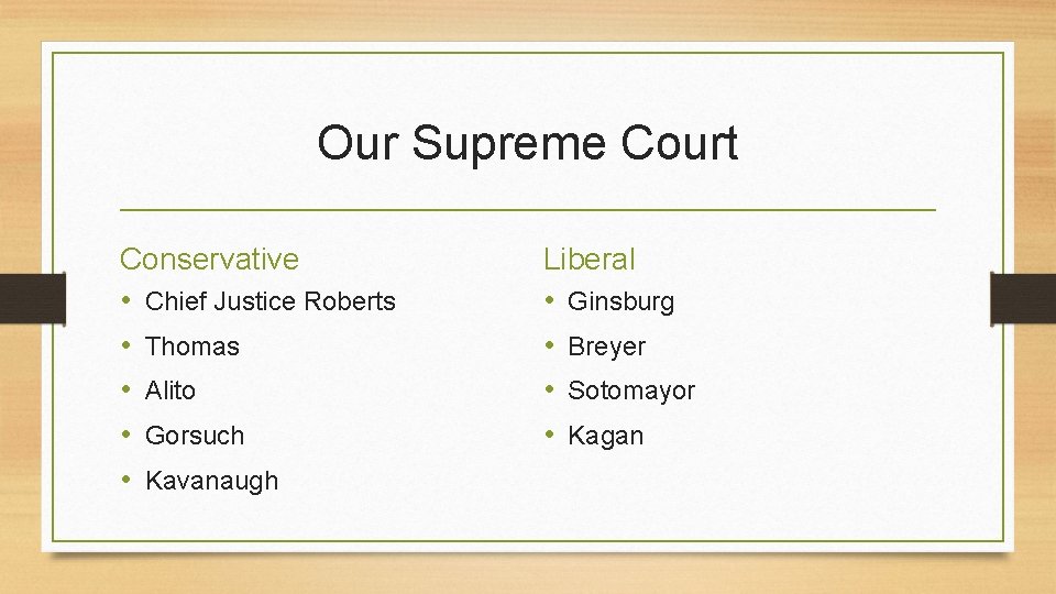 Our Supreme Court Conservative • Chief Justice Roberts • Thomas • Alito • Gorsuch