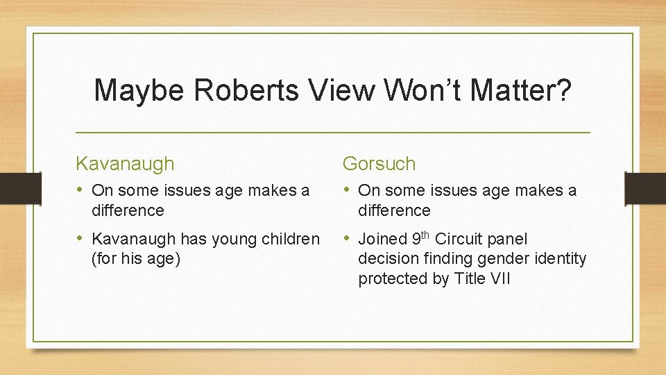 Maybe Roberts View Won’t Matter? Kavanaugh • On some issues age makes a difference