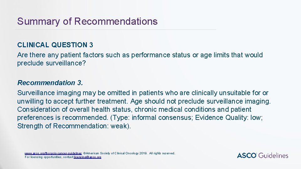Summary of Recommendations CLINICAL QUESTION 3 Are there any patient factors such as performance Summary of Recommendations CLINICAL QUESTION 3 Are there any patient factors such as performance