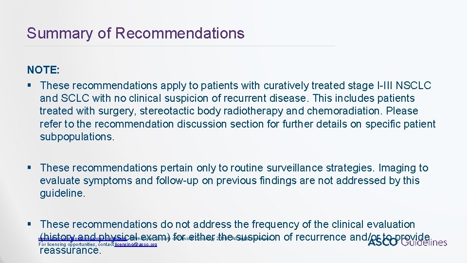 Summary of Recommendations NOTE: § These recommendations apply to patients with curatively treated stage Summary of Recommendations NOTE: § These recommendations apply to patients with curatively treated stage