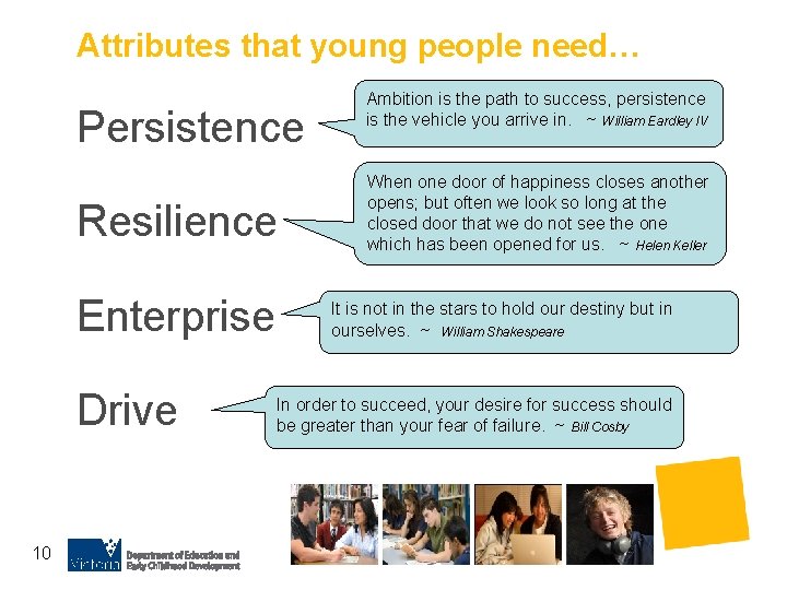 Attributes that young people need… Persistence Resilience Enterprise Drive 10 Ambition is the path