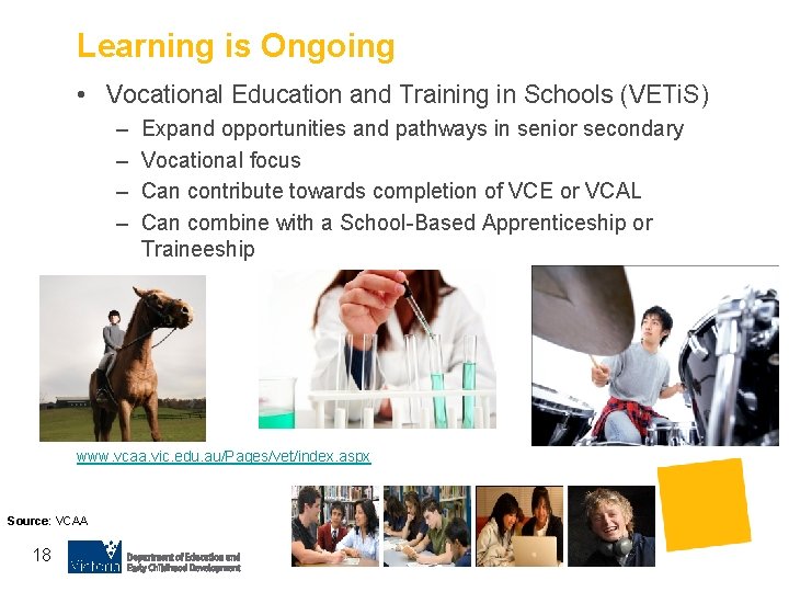 Learning is Ongoing • Vocational Education and Training in Schools (VETi. S) – –