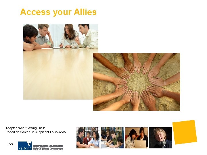 Access your Allies Adapted from “Lasting Gifts” Canadian Career Development Foundation 27 