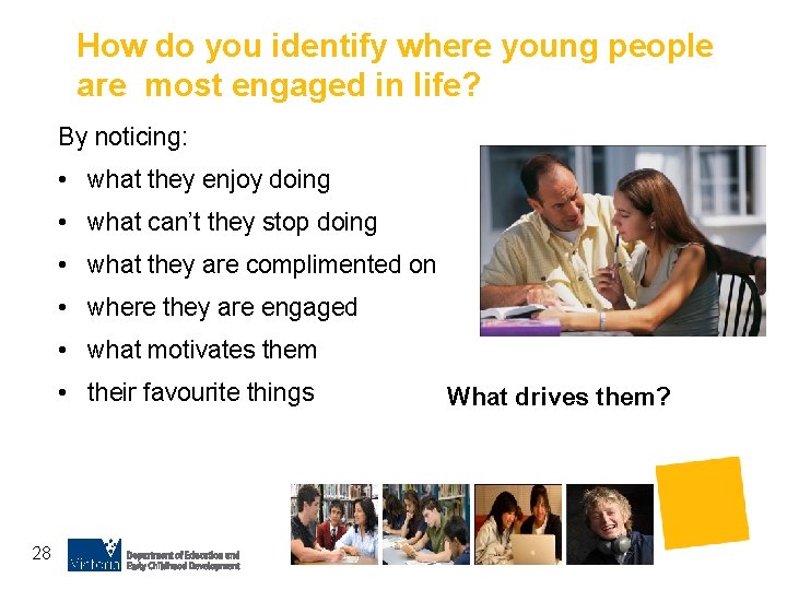 How do you identify where young people are most engaged in life? By noticing: