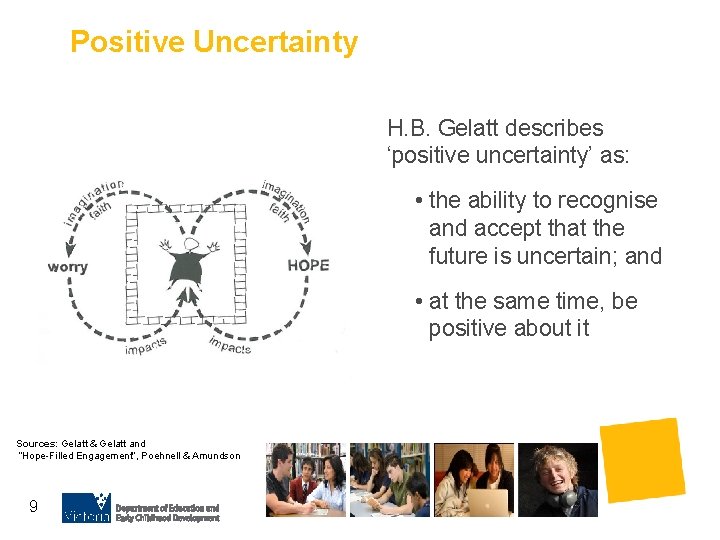 Positive Uncertainty H. B. Gelatt describes ‘positive uncertainty’ as: • the ability to recognise