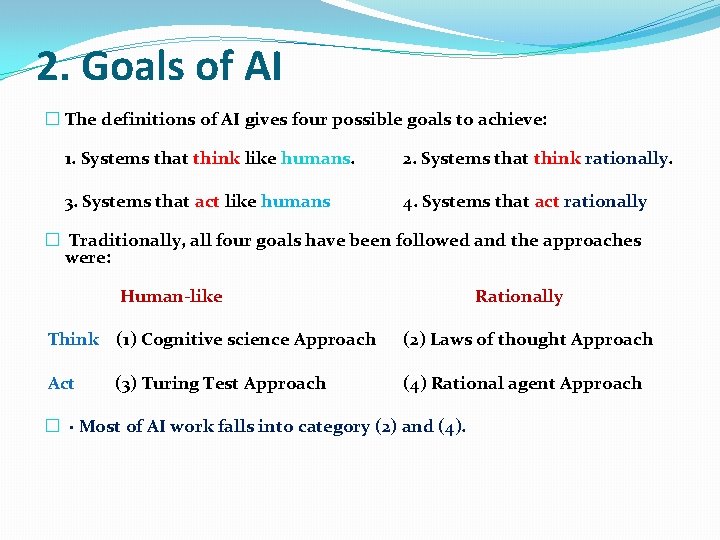 2. Goals of AI � The definitions of AI gives four possible goals to