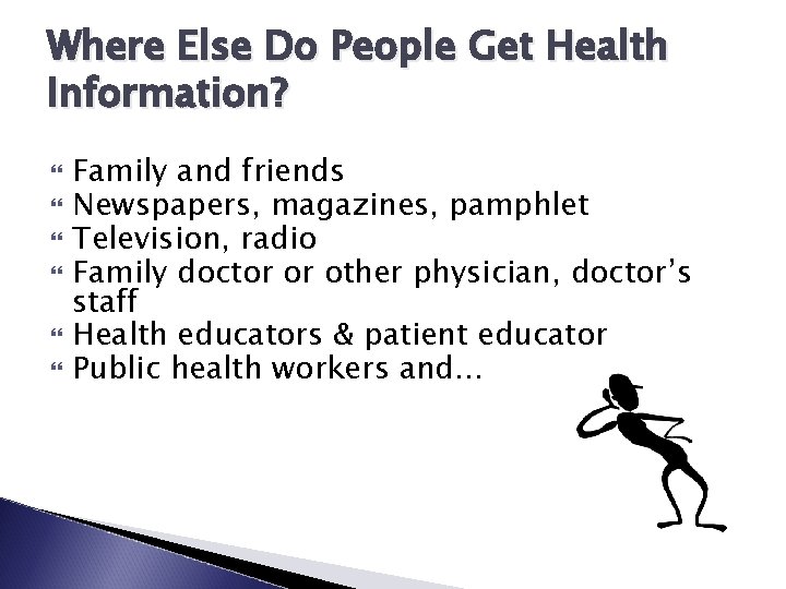Where Else Do People Get Health Information? Family and friends Newspapers, magazines, pamphlet Television,