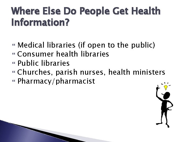 Where Else Do People Get Health Information? Medical libraries (if open to the public)