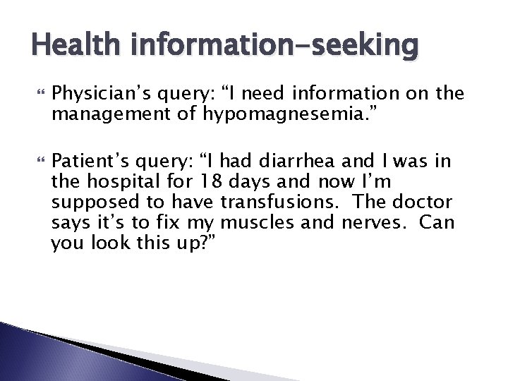 Health information-seeking Physician’s query: “I need information on the management of hypomagnesemia. ” Patient’s