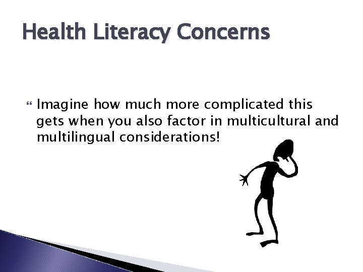 Health Literacy Concerns Imagine how much more complicated this gets when you also factor