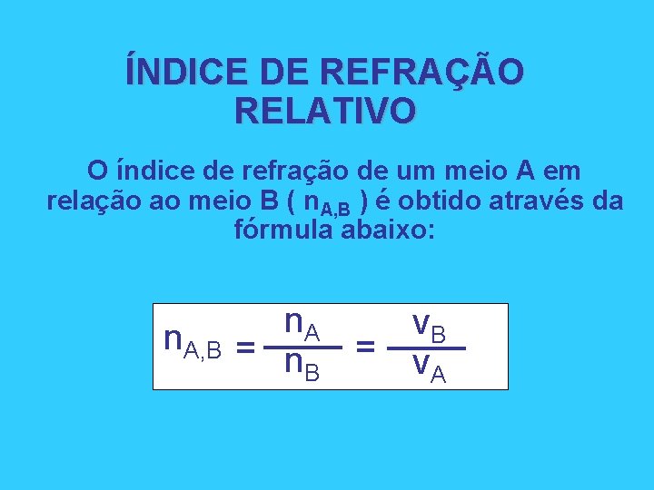 ÍNDICE DE REFRAÇÃO RELATIVO O índice de refração de um meio A em relação ÍNDICE DE REFRAÇÃO RELATIVO O índice de refração de um meio A em relação