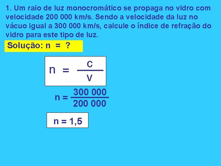 1. Um raio de luz monocromático se propaga no vidro com velocidade 200 000 1. Um raio de luz monocromático se propaga no vidro com velocidade 200 000