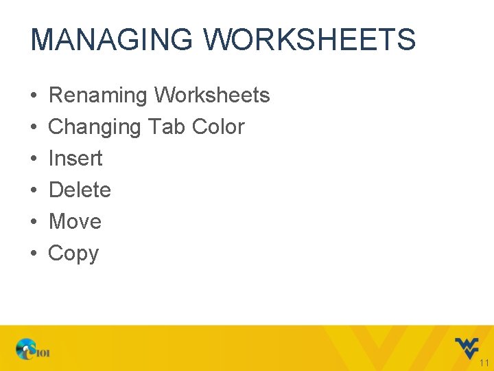 MANAGING WORKSHEETS • • • Renaming Worksheets Changing Tab Color Insert Delete Move Copy