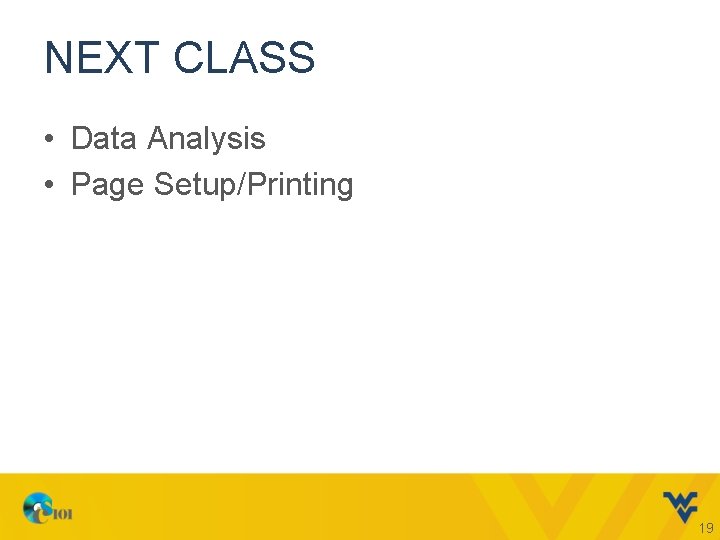 NEXT CLASS • Data Analysis • Page Setup/Printing 19 